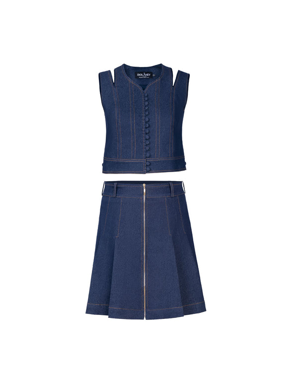 Dark blue denim vest and pleated skirt set