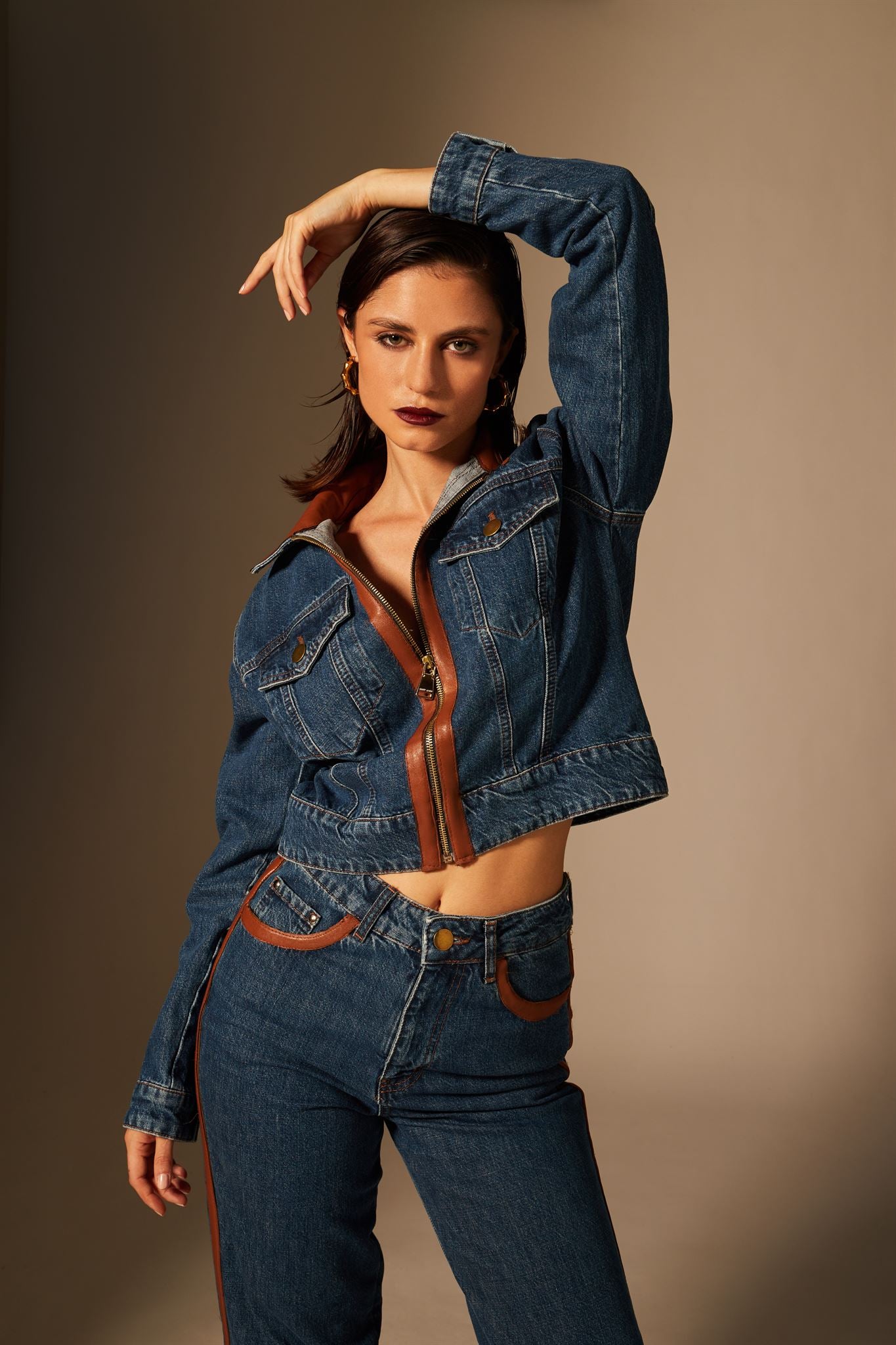 Dark blue denim leather-panel jacket and jeans set
