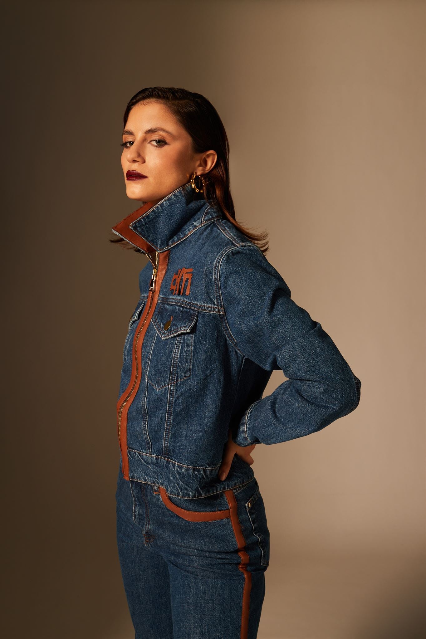 Dark blue denim leather-panel jacket and jeans set