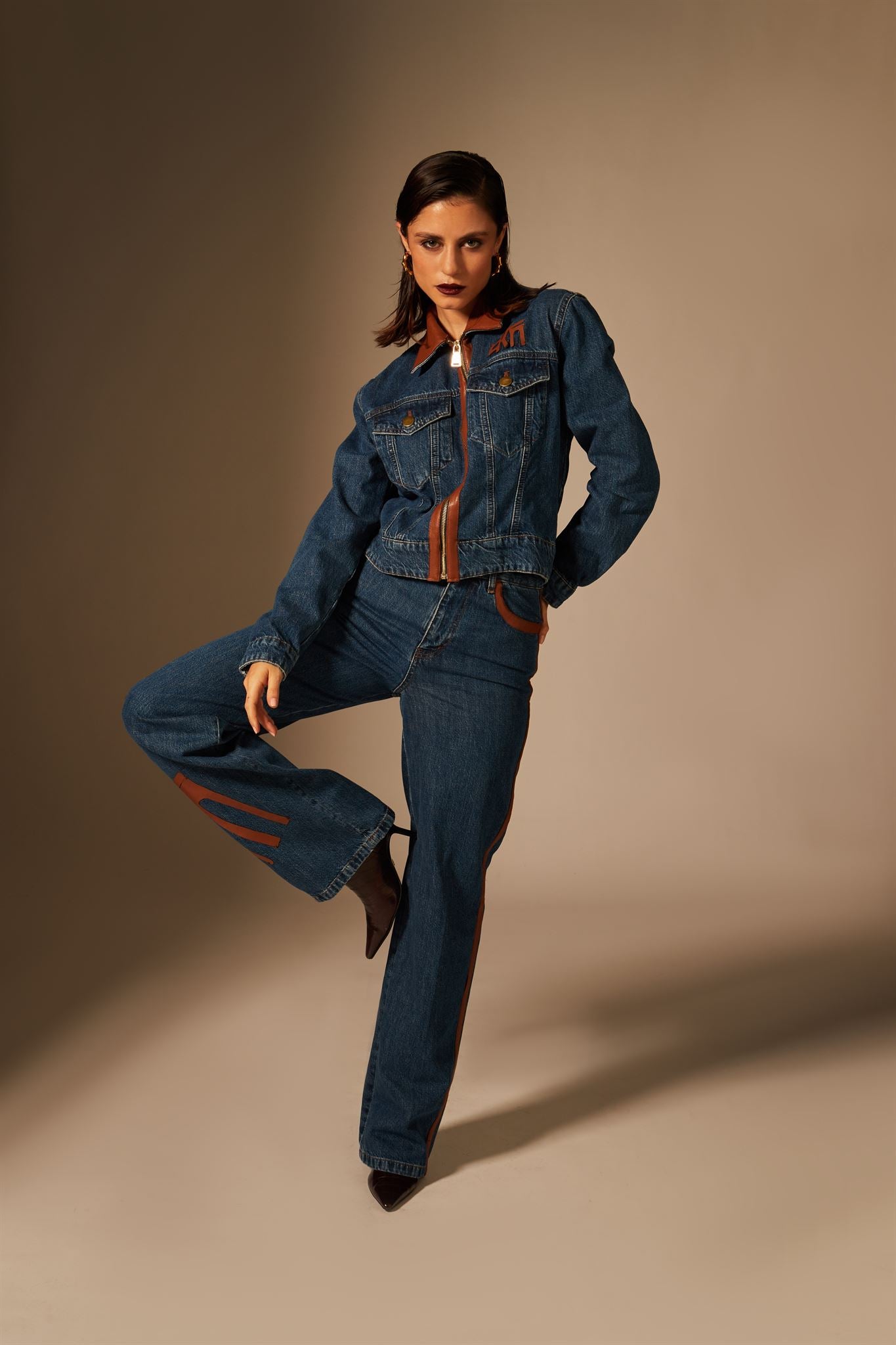Dark blue denim leather-panel jacket and jeans set