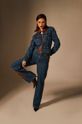 Dark blue denim leather-panel jacket and jeans set - 4