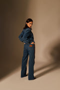 Dark blue denim leather-panel jacket and jeans set - 5