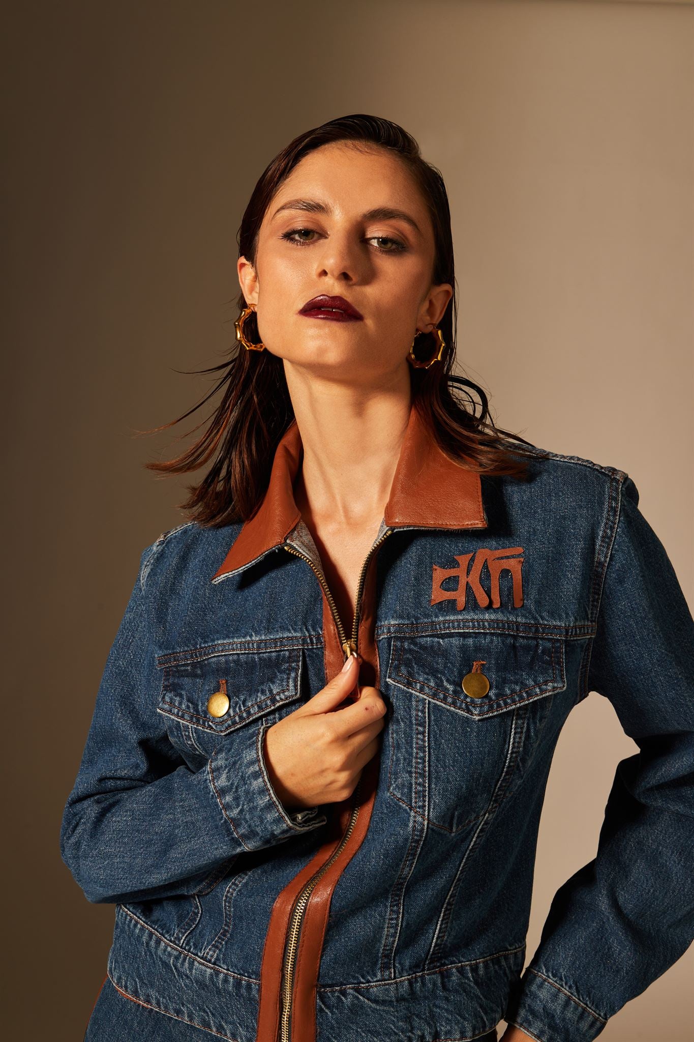 Dark blue denim leather-panel jacket and jeans set