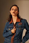 Dark blue denim leather-panel jacket and jeans set - 6