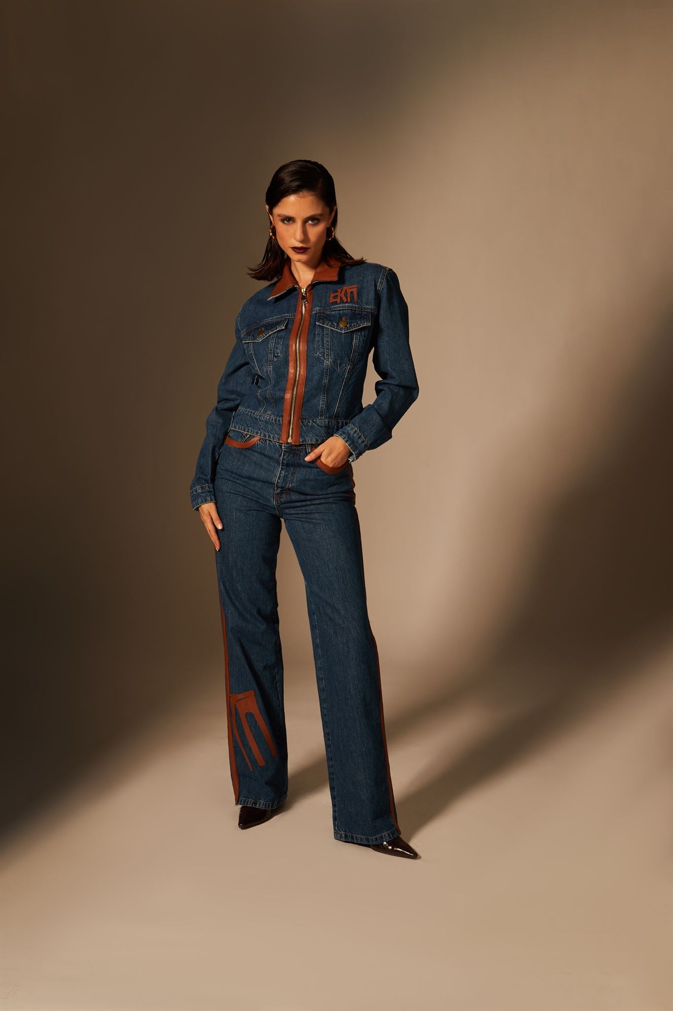 Dark blue denim leather-panel jacket and jeans set