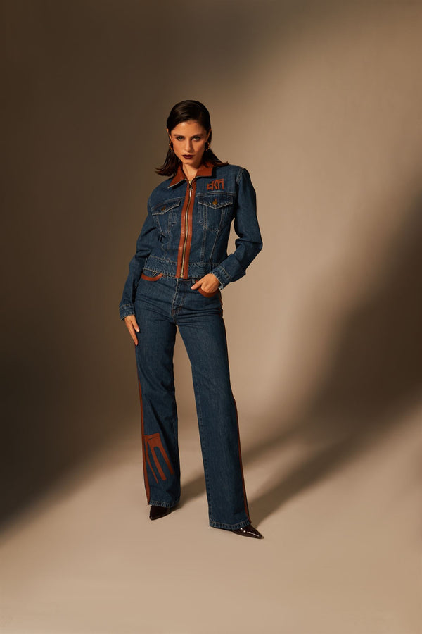 Dark blue denim leather-panel jacket and jeans set