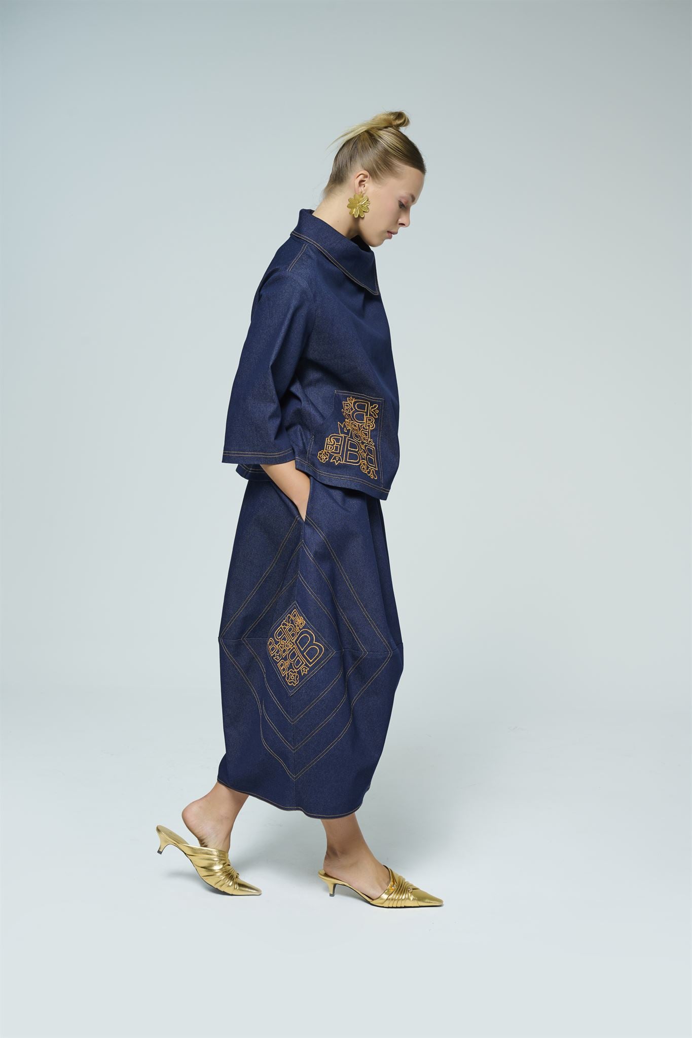 Dark blue denim top and midi skirt set