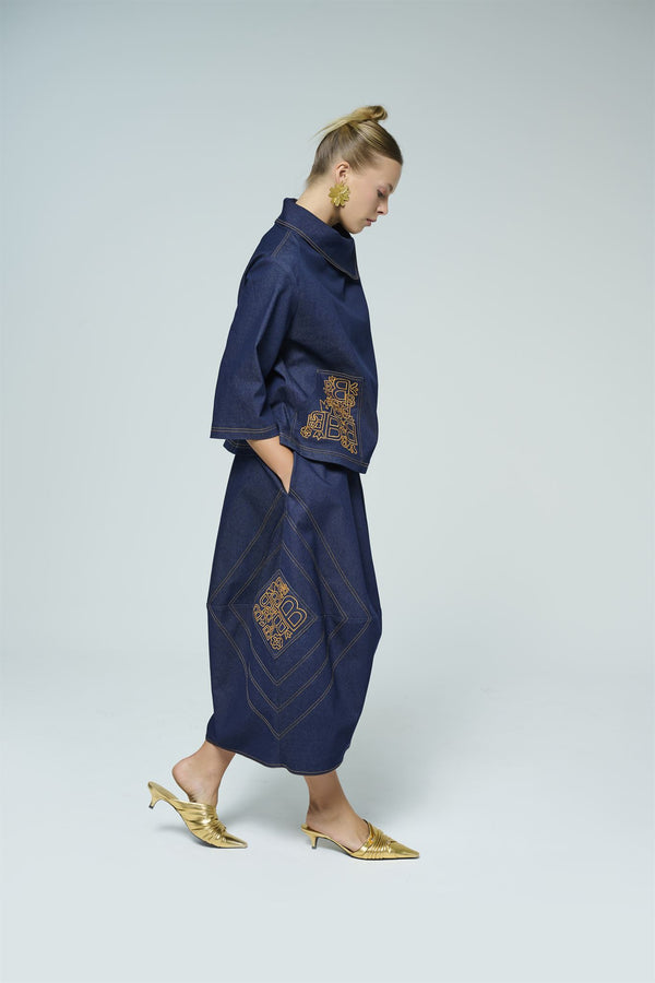 Dark blue denim top and midi skirt set