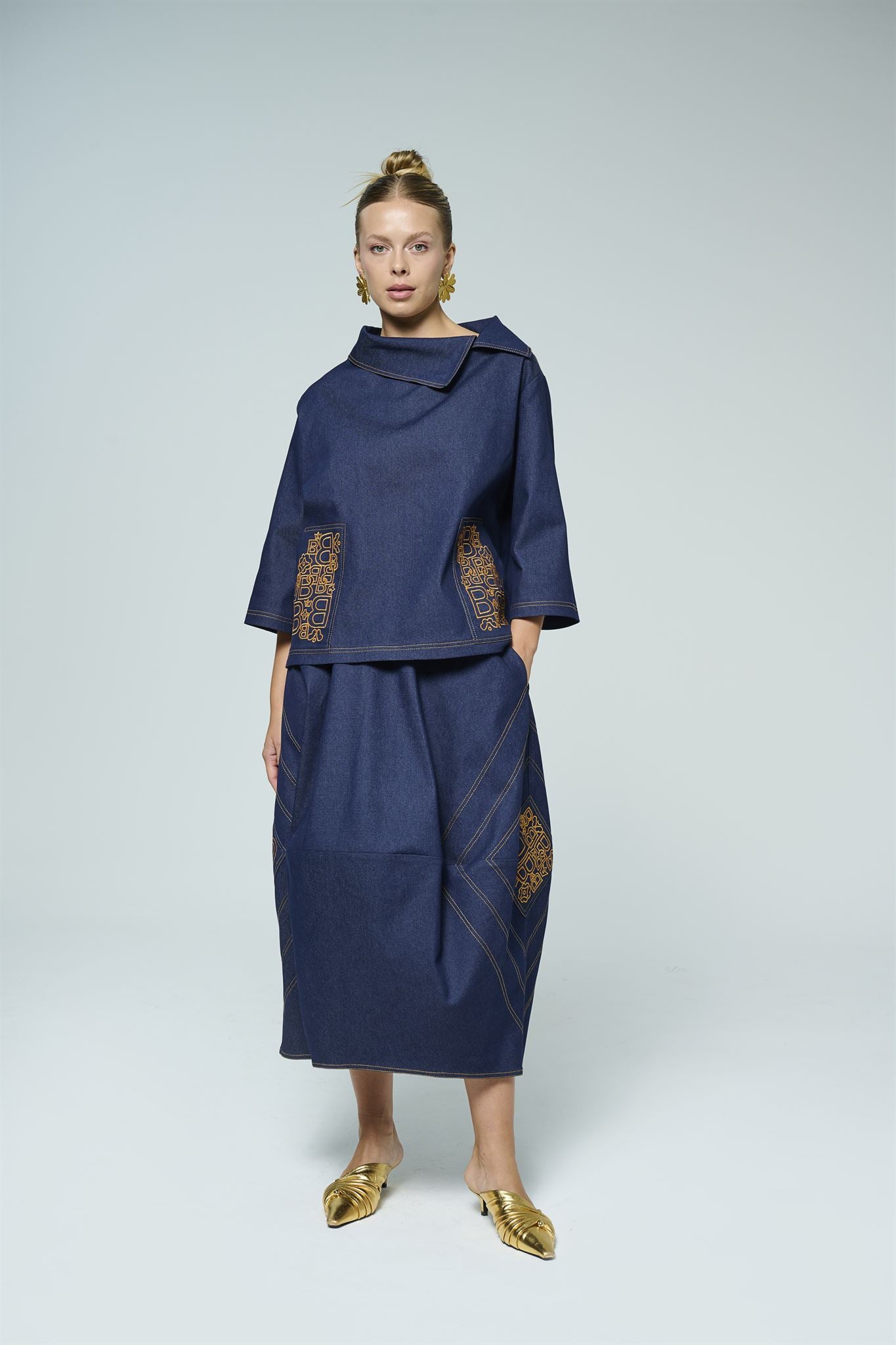 Dark blue denim top and midi skirt set