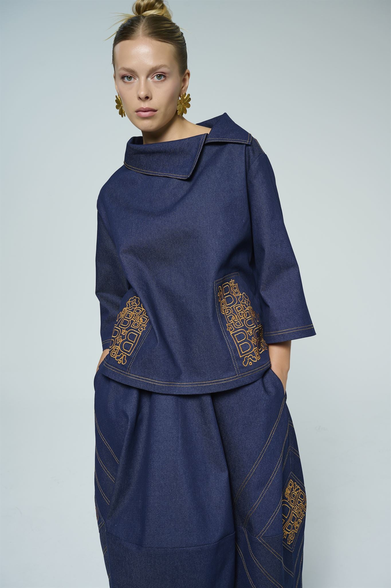 Dark blue denim top and midi skirt set