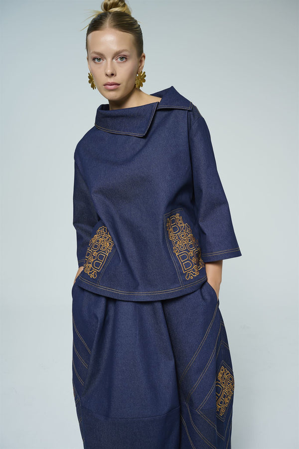 Dark blue denim top and midi skirt set