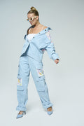 Light blue embroidered jacket and cargo trouser set - 2
