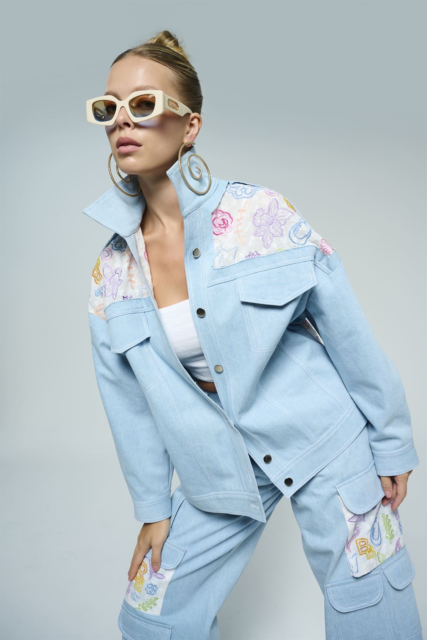 Light blue embroidered jacket and cargo trouser set