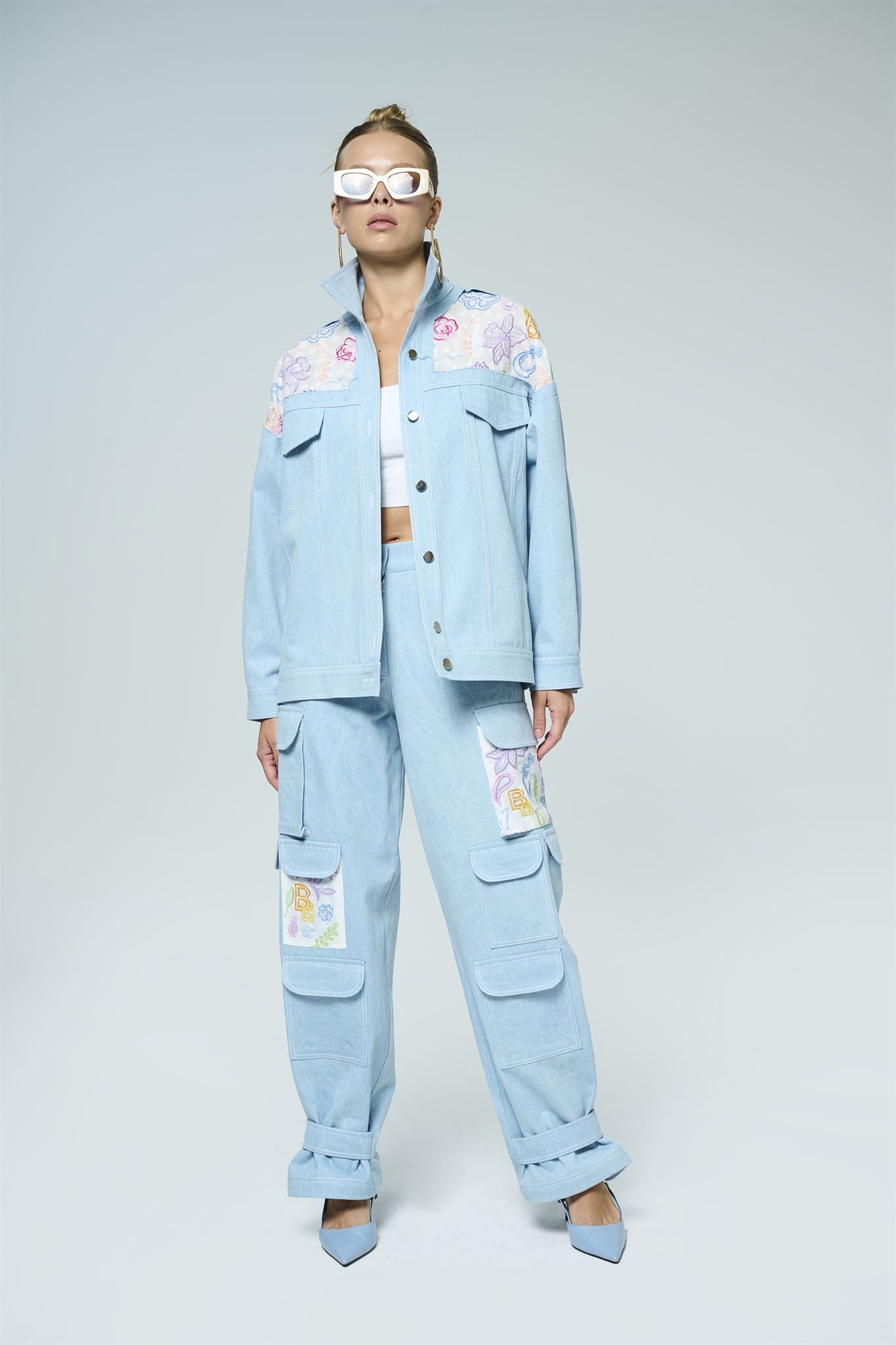 Light blue embroidered jacket and cargo trouser set