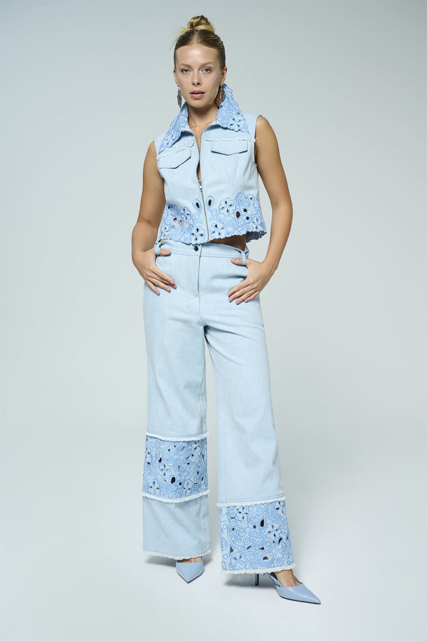 Light blue cutwork vest and wide-leg trouser set