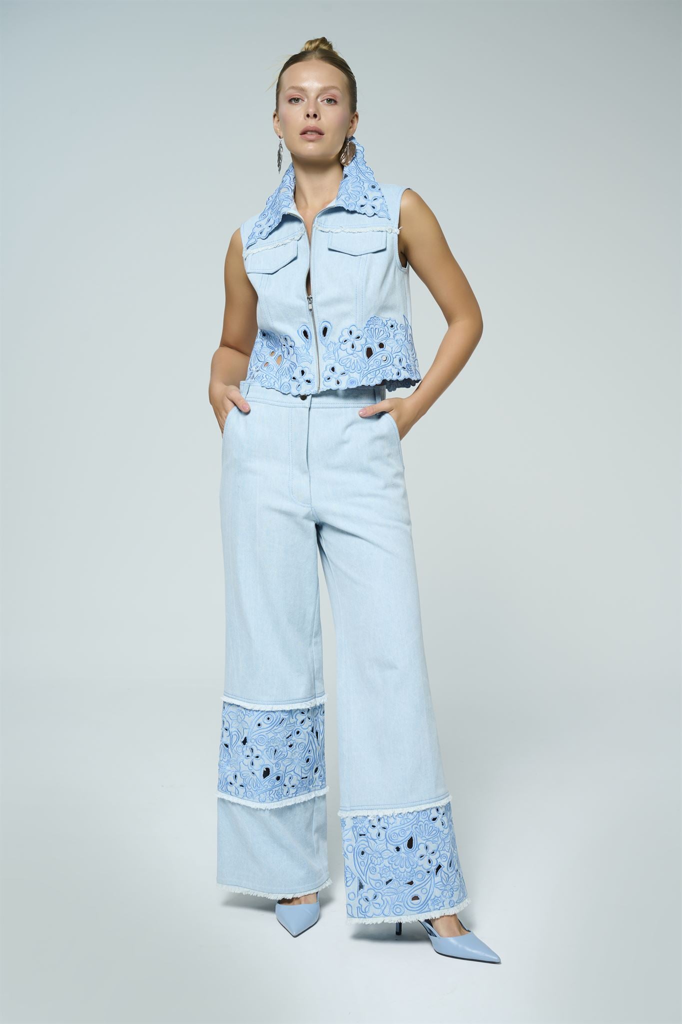 Light blue cutwork vest and wide-leg trouser set