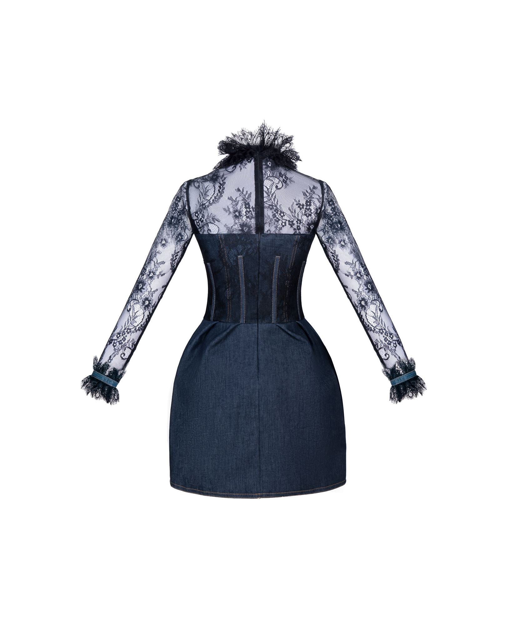 Dark blue denim lace-sleeve corset mini dress