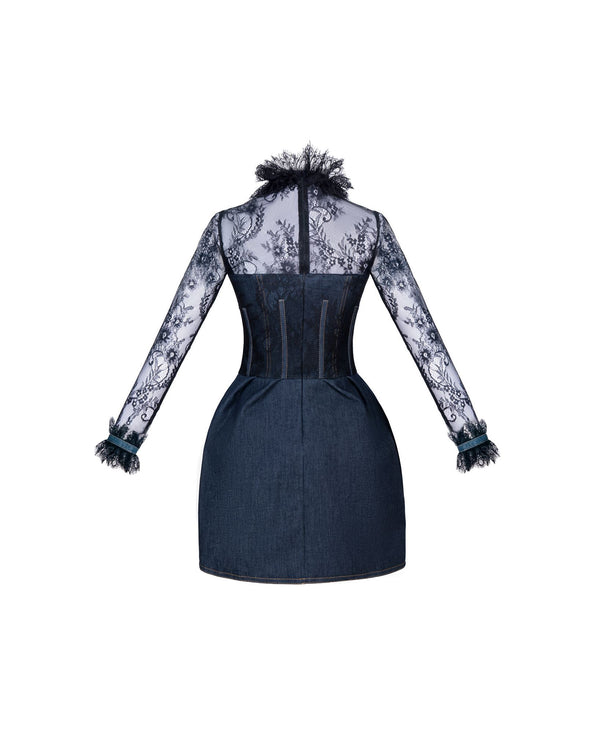 Dark blue denim lace-sleeve corset mini dress