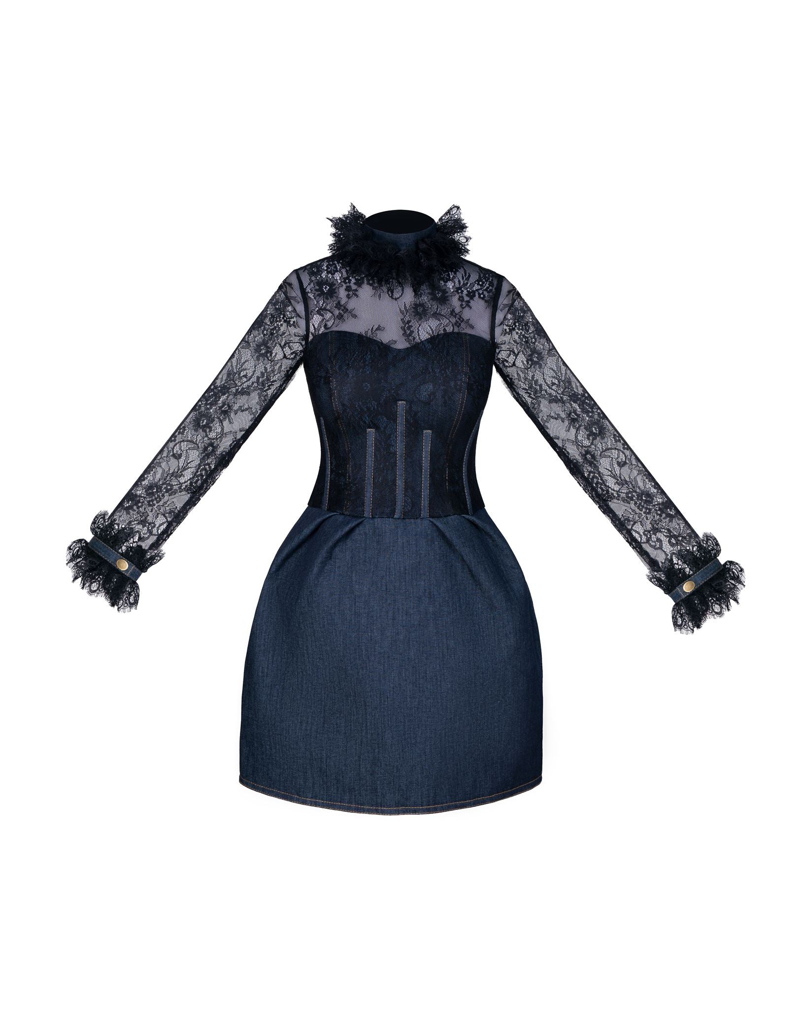 Dark blue denim lace-sleeve corset mini dress