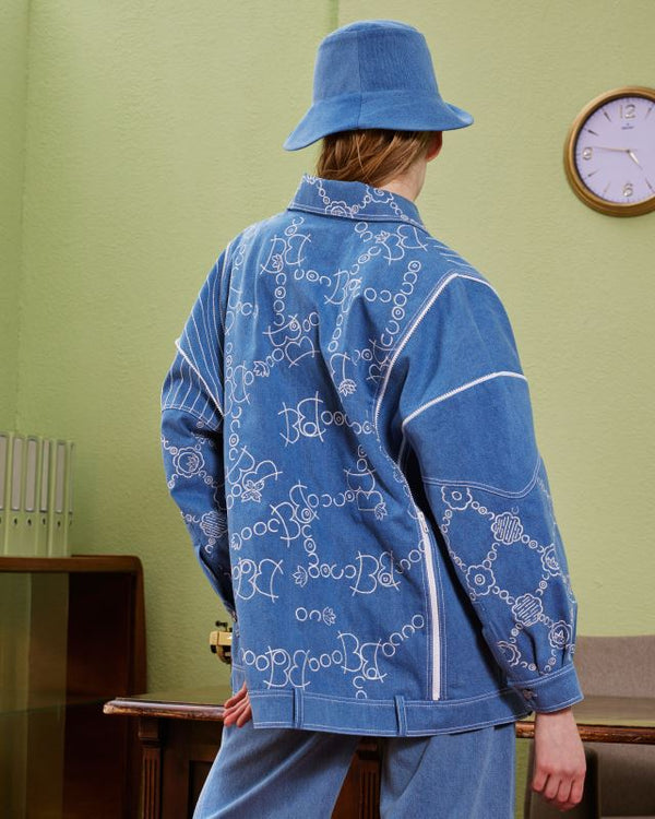 Light blue graphic-embroidered jacket and trouser set