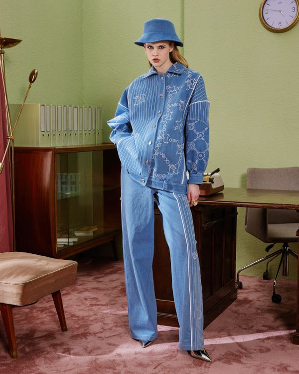 Light blue graphic-embroidered jacket and trouser set