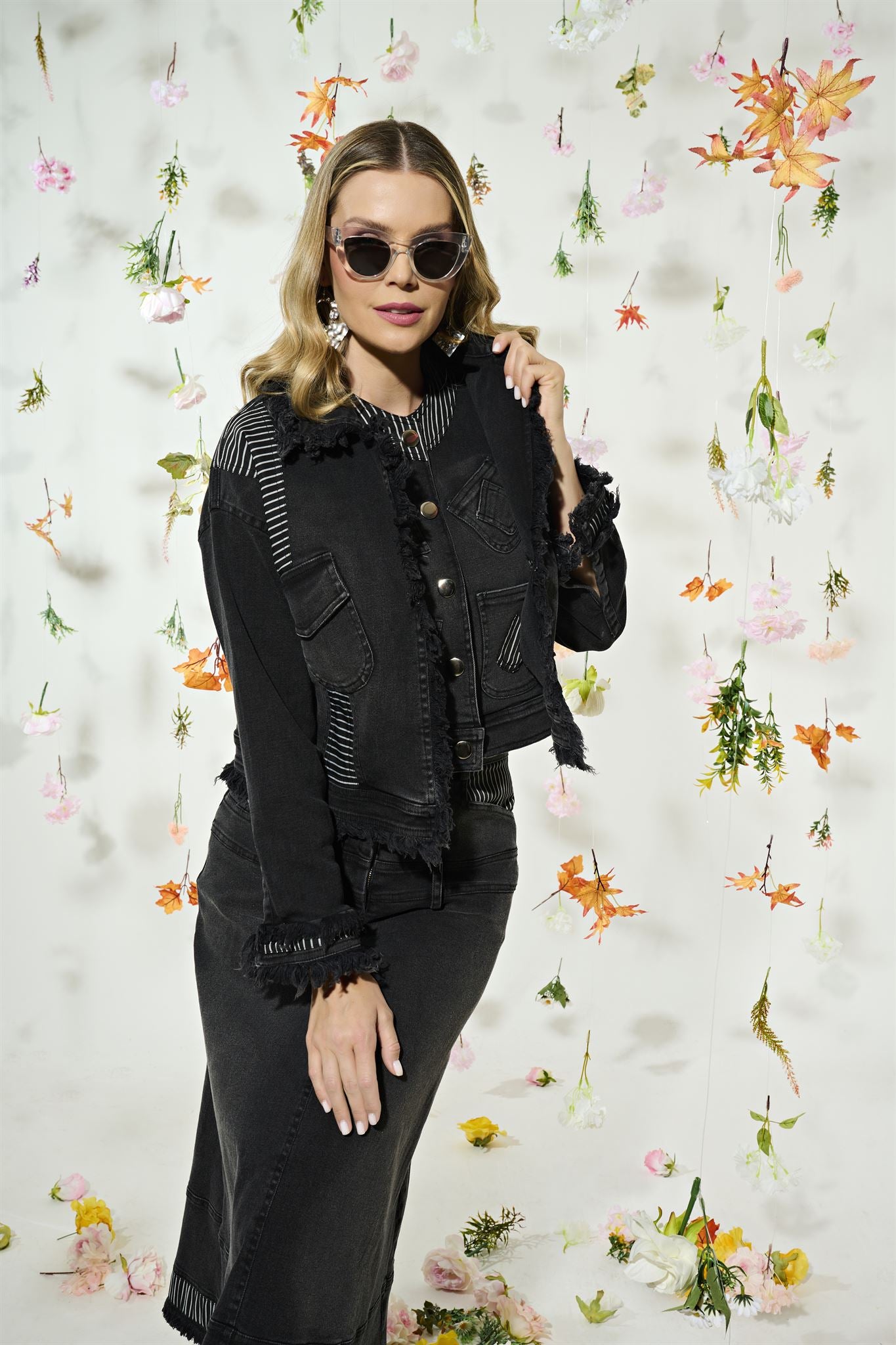 Black denim vest, jacket and midi skirt set
