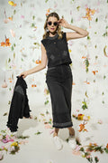 Black denim vest, jacket and midi skirt set - 3