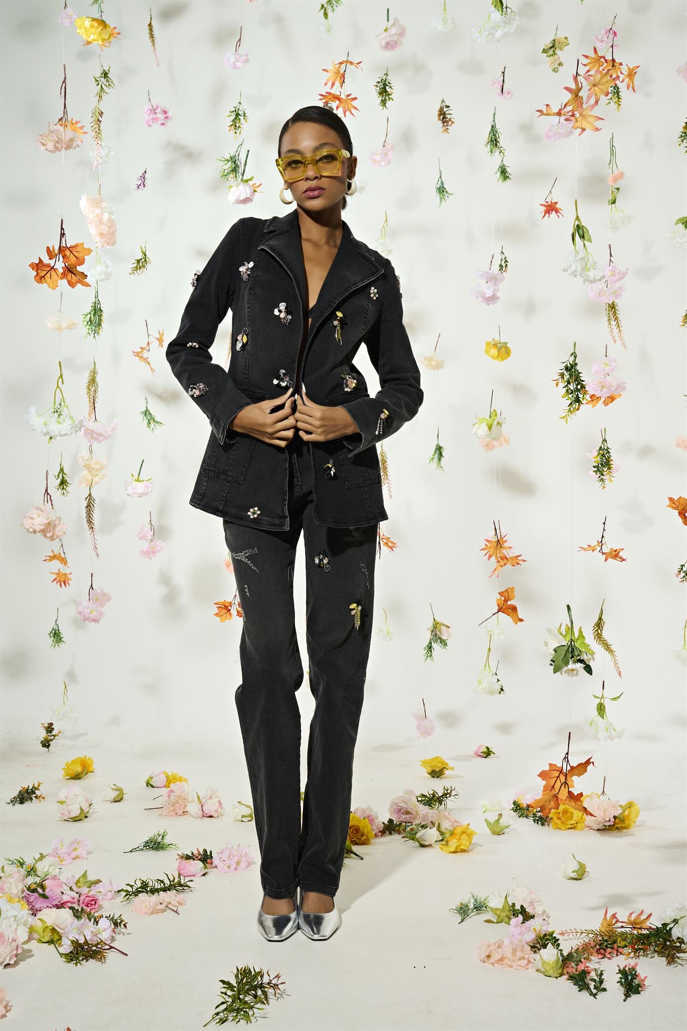 Black embellished blazer, trouser and bralette set