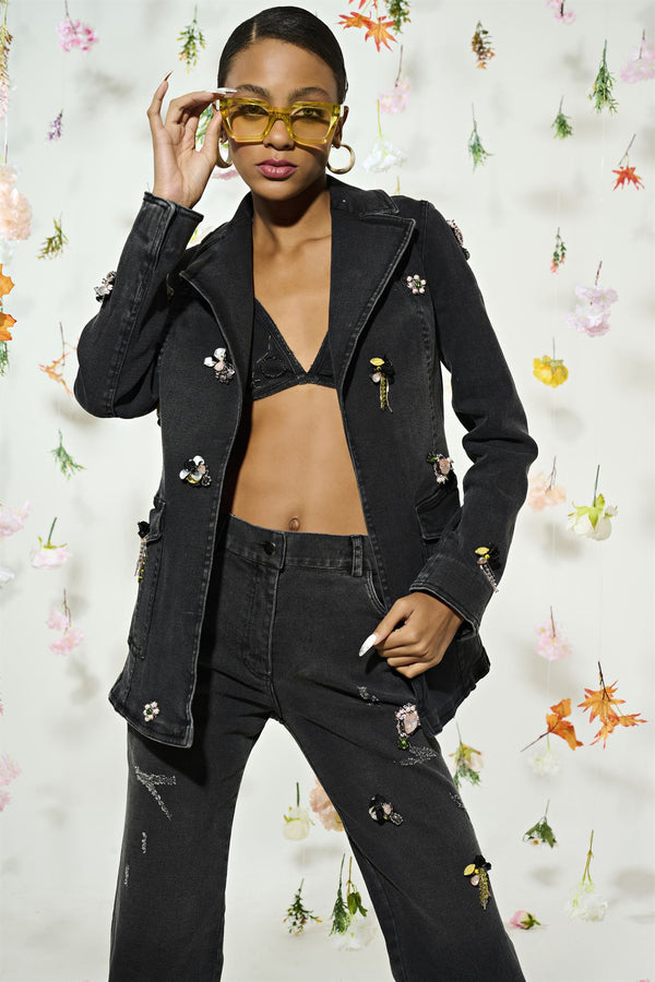 Black embellished blazer, trouser and bralette set