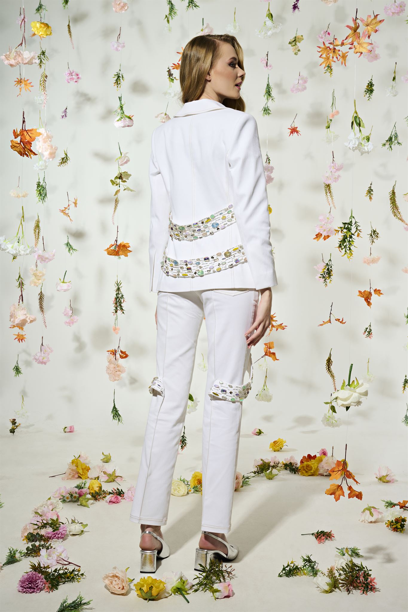 White crystal-embellished denim suit