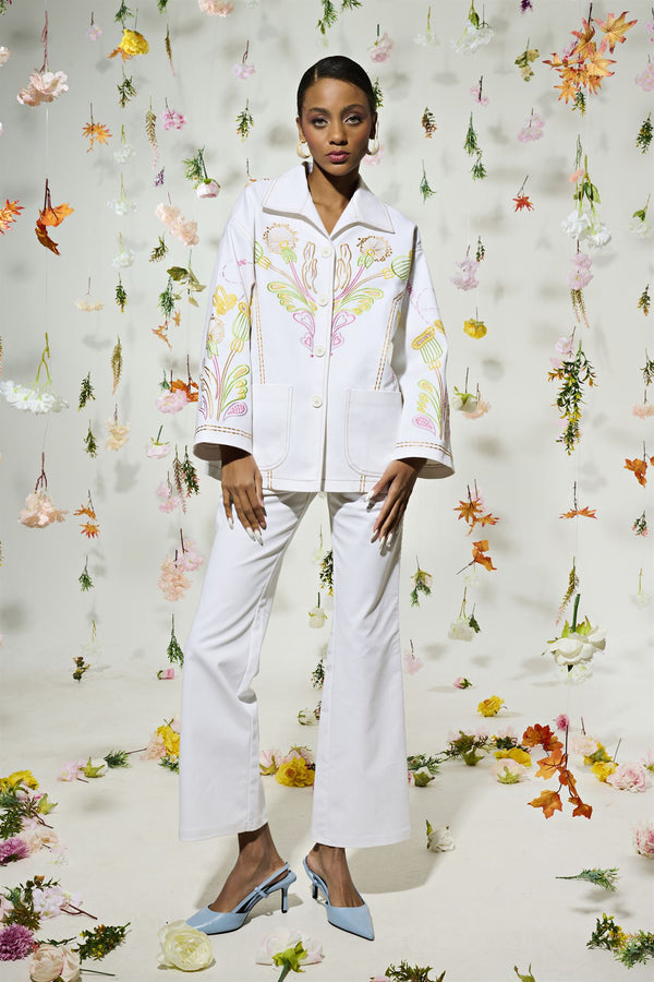 White embroidered jacket and trouser set
