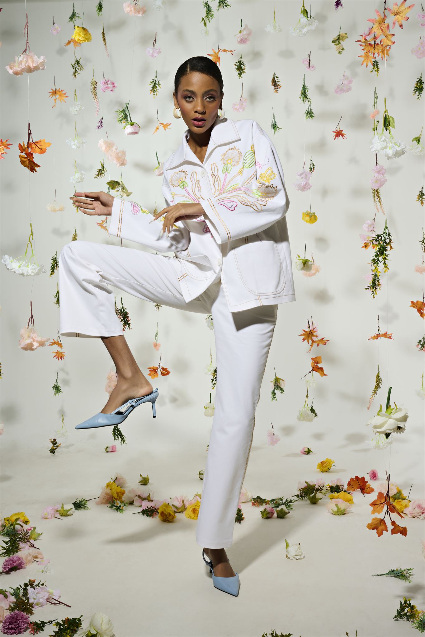 White embroidered jacket and trouser set