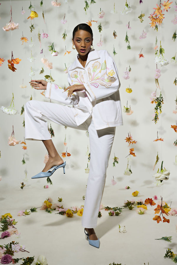 White embroidered jacket and trouser set