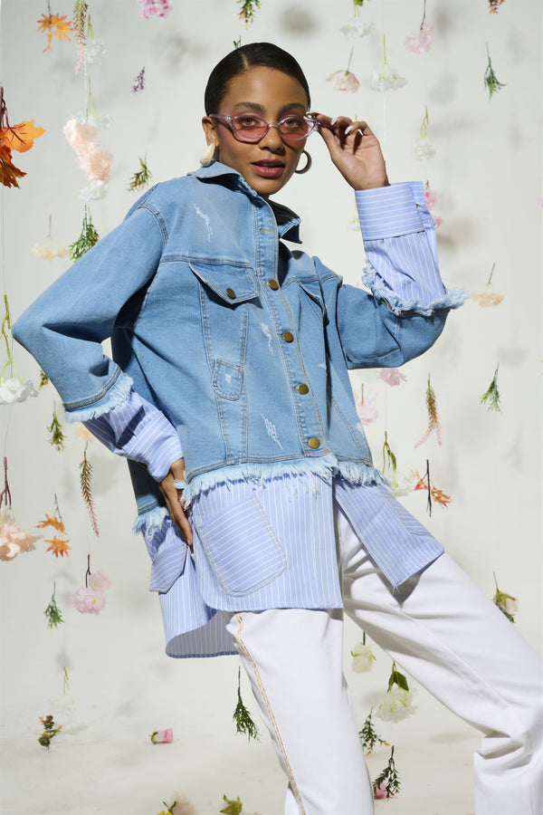 Light blue denim jacket with striped shirt layer