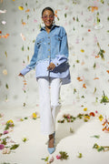 Light blue denim jacket with striped shirt layer - 3