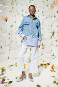 Light blue denim jacket with striped shirt layer - 1
