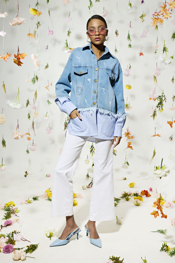 Light blue denim jacket with striped shirt layer
