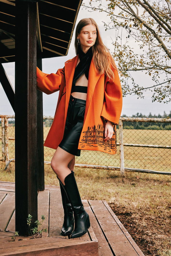 Illustrated Knee-Length Coat