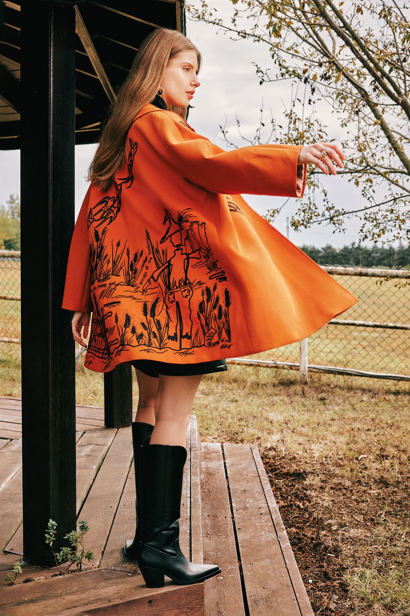 Illustrated Knee-Length Coat