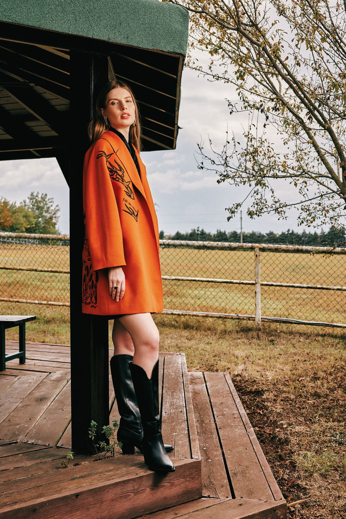 Illustrated Knee-Length Coat