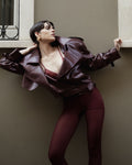Cropped Burgundy Leather Trench Jacket - 2
