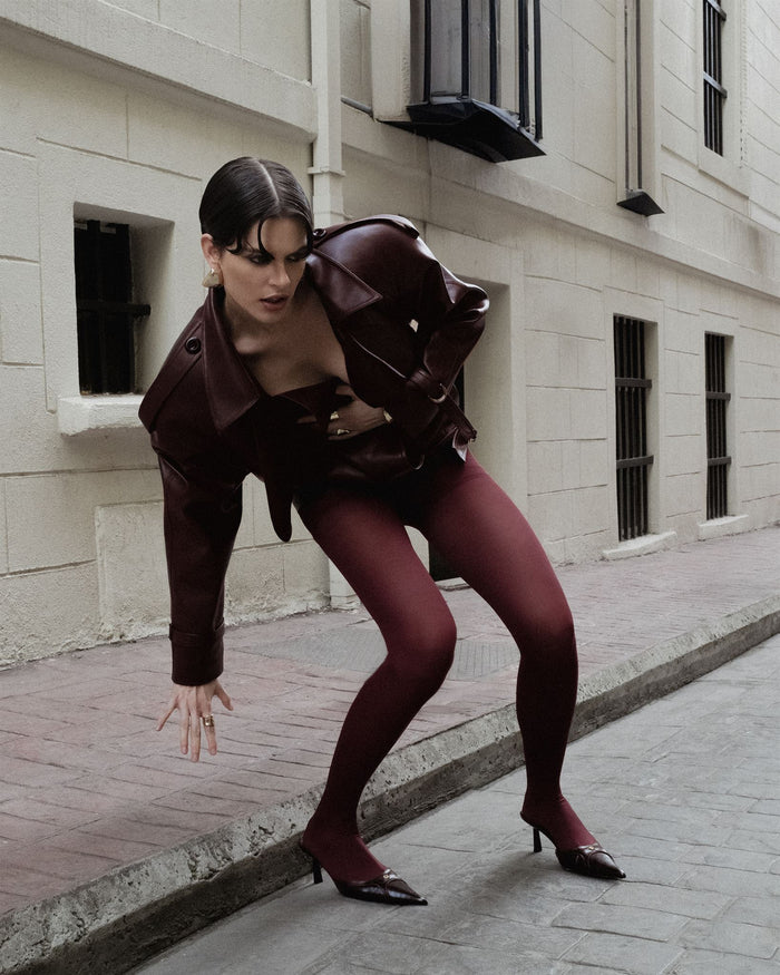 Cropped Burgundy Leather Trench Jacket