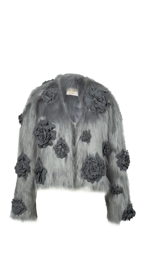 Grey Floral Fur Jacket
