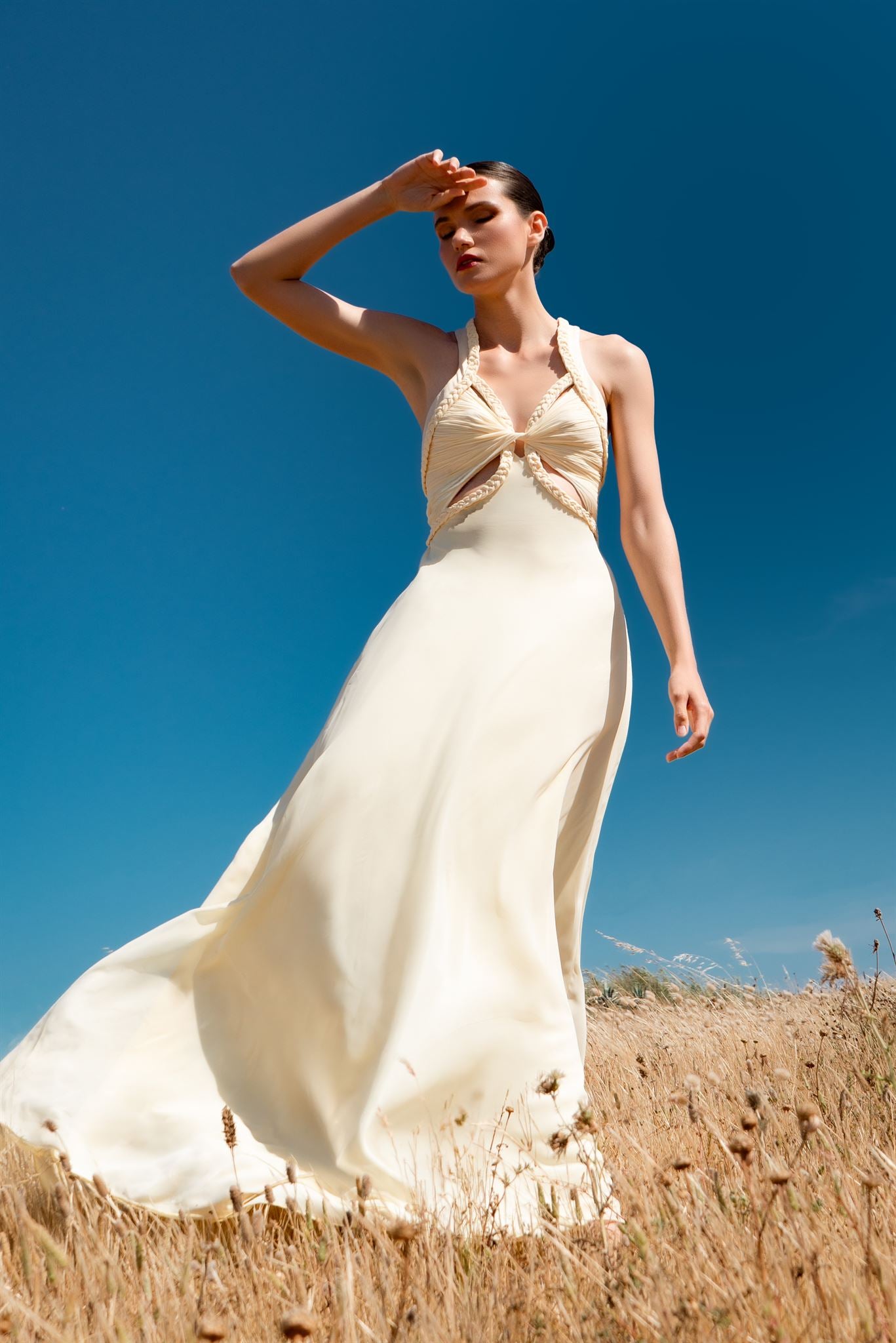Butter yellow braided cut-out maxi dress