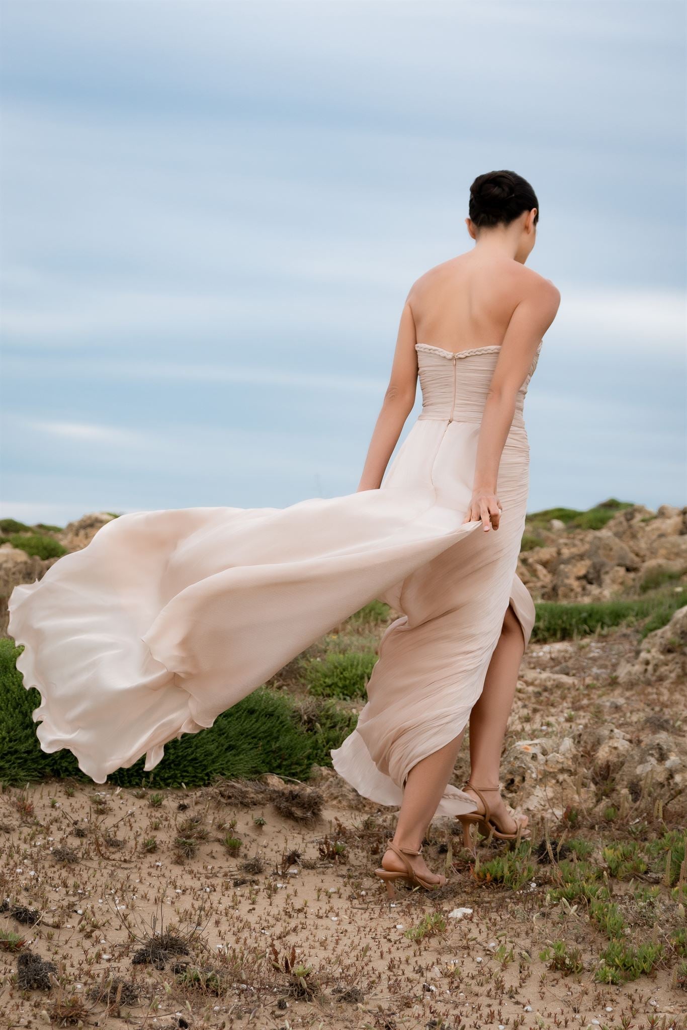 Champagne braided sweetheart slit gown