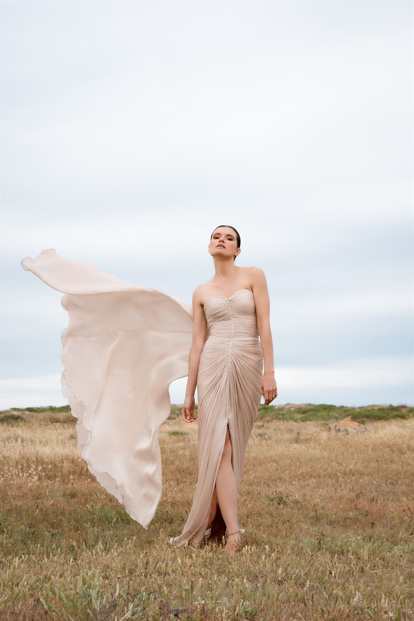 Champagne braided sweetheart slit gown