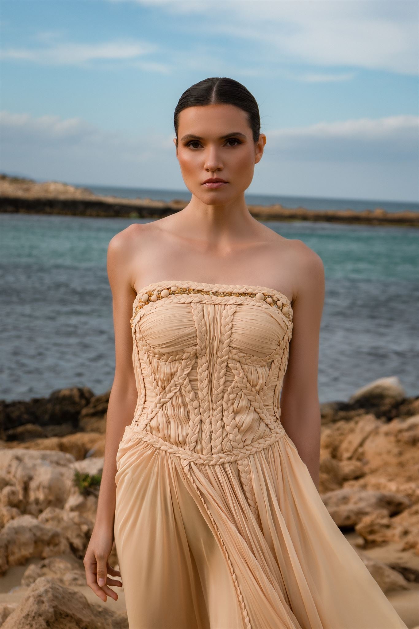 Sand braided strapless midi dress