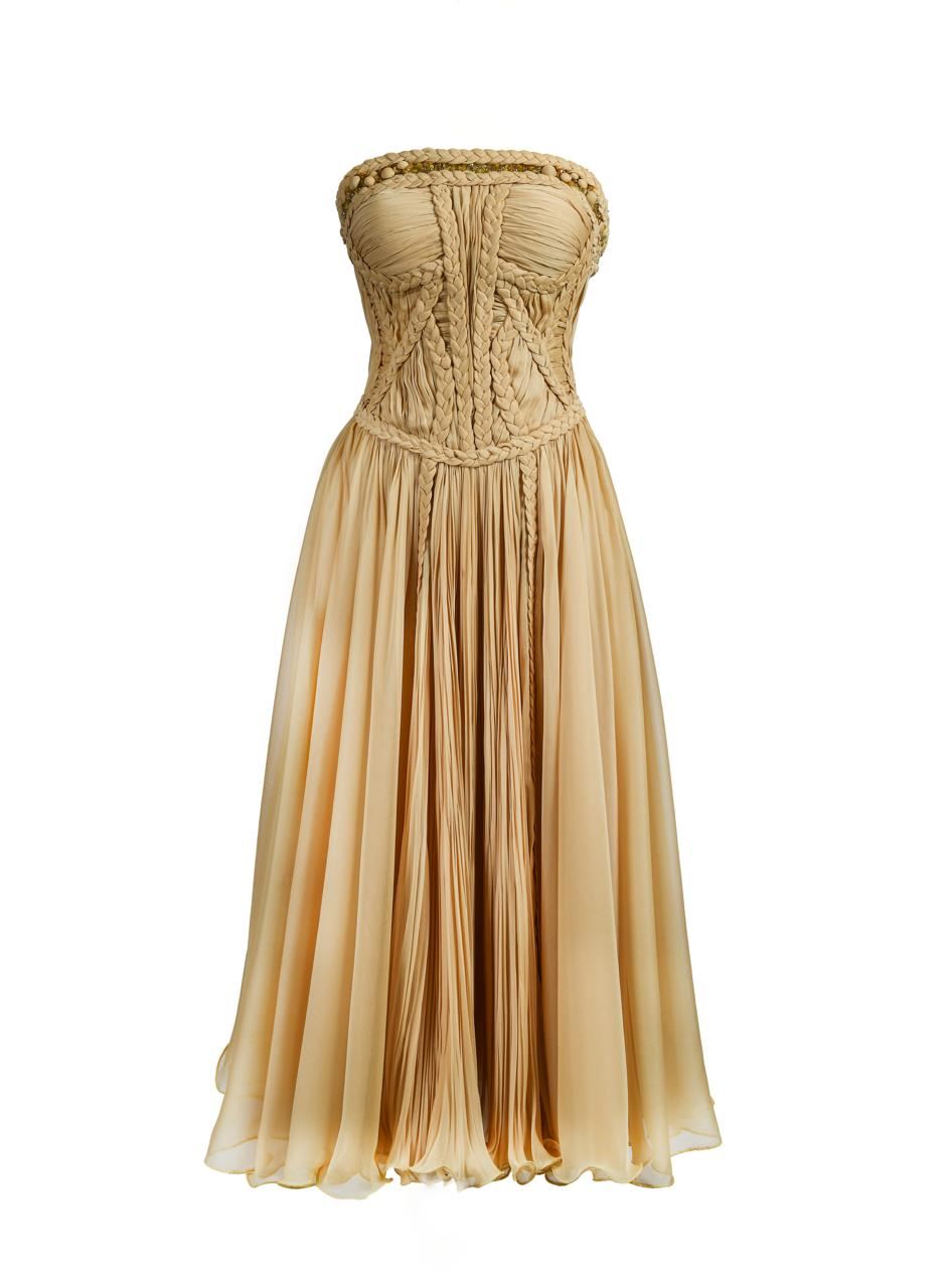 Sand braided strapless midi dress