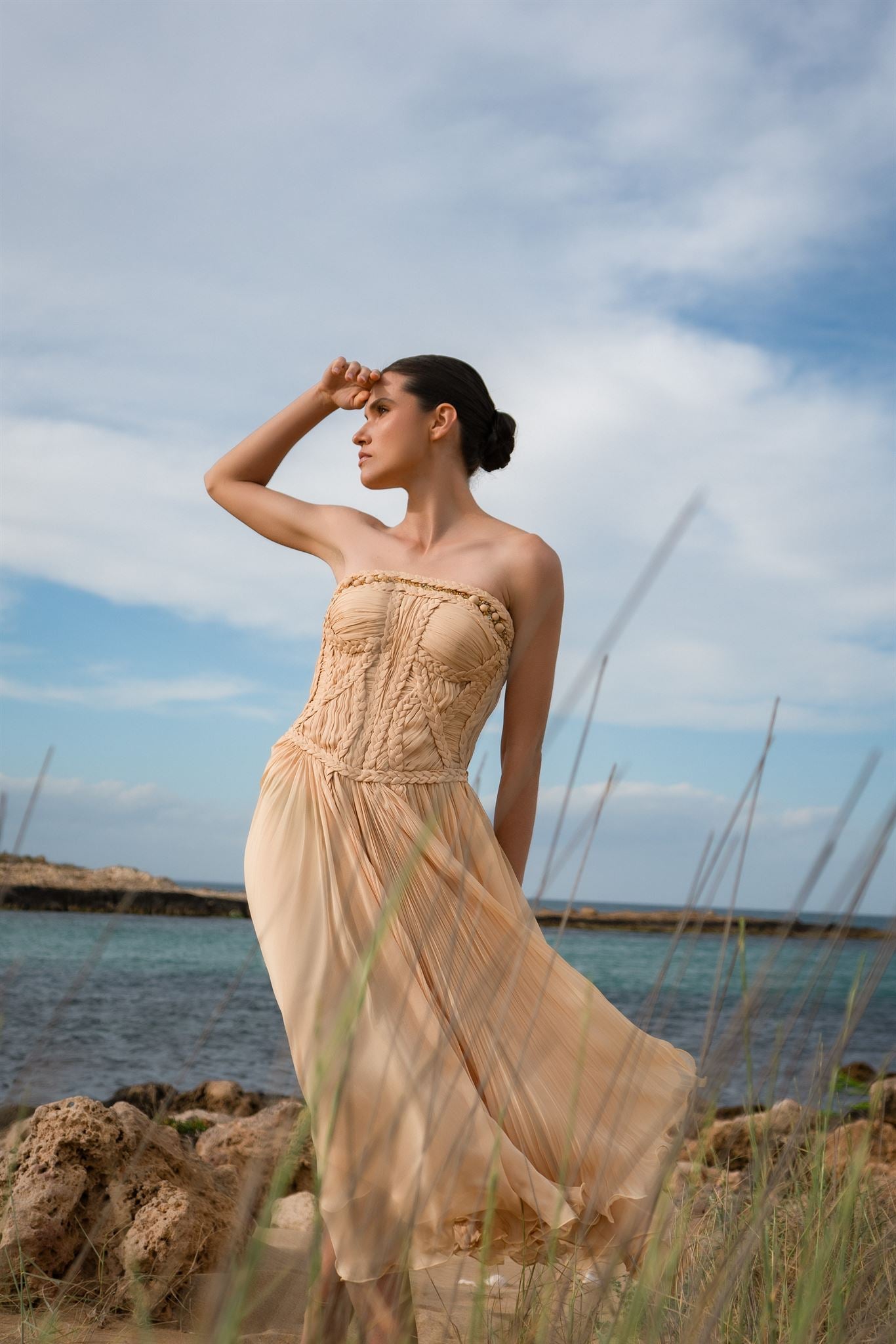 Sand braided strapless midi dress