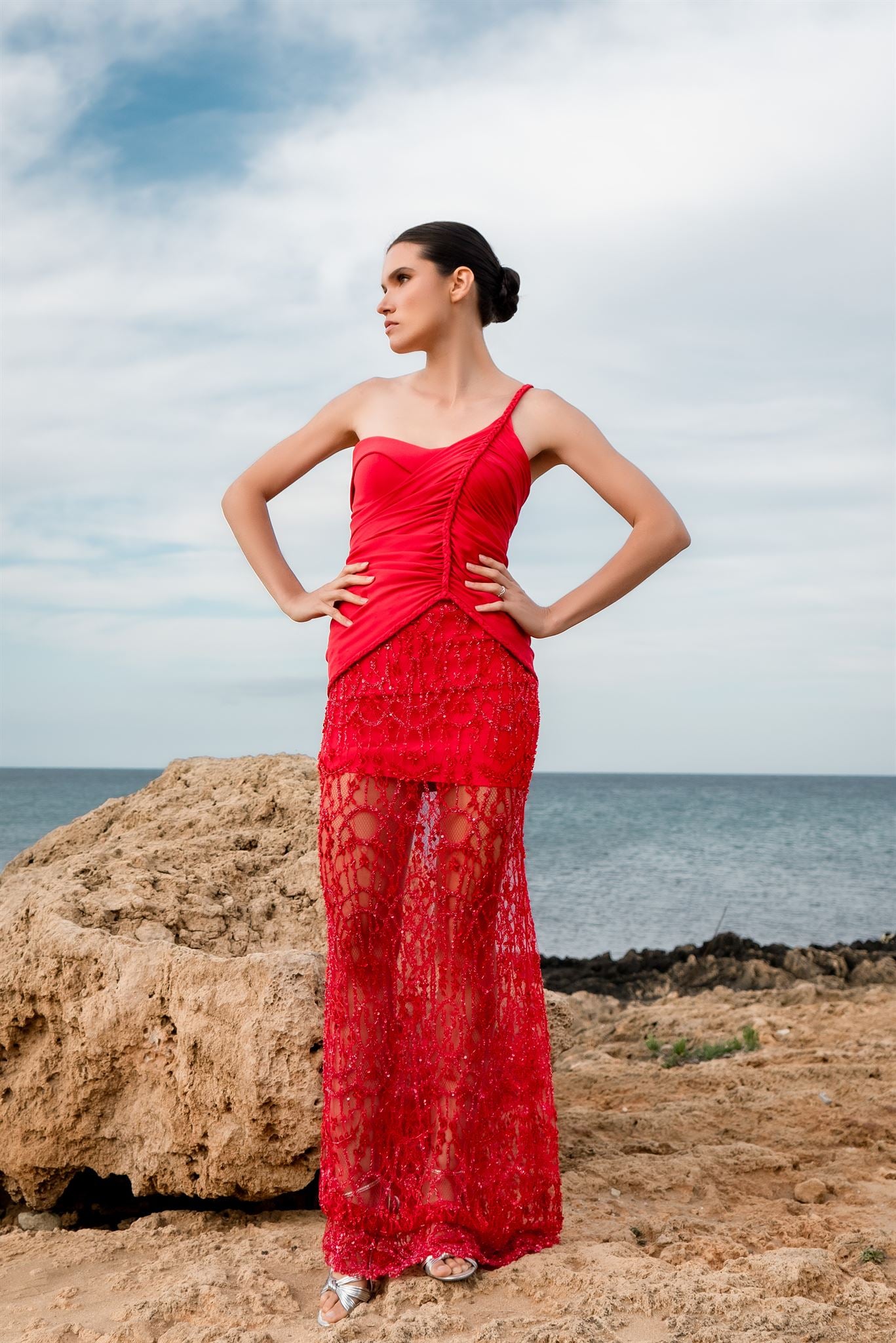 Red one-shoulder braided lace gown